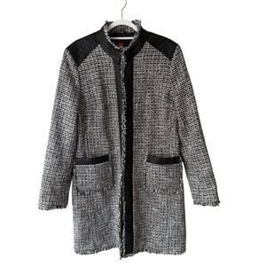 Olsen Europe Elegant Black and White Tweed Trench Coat Faux Leather Trim Size L